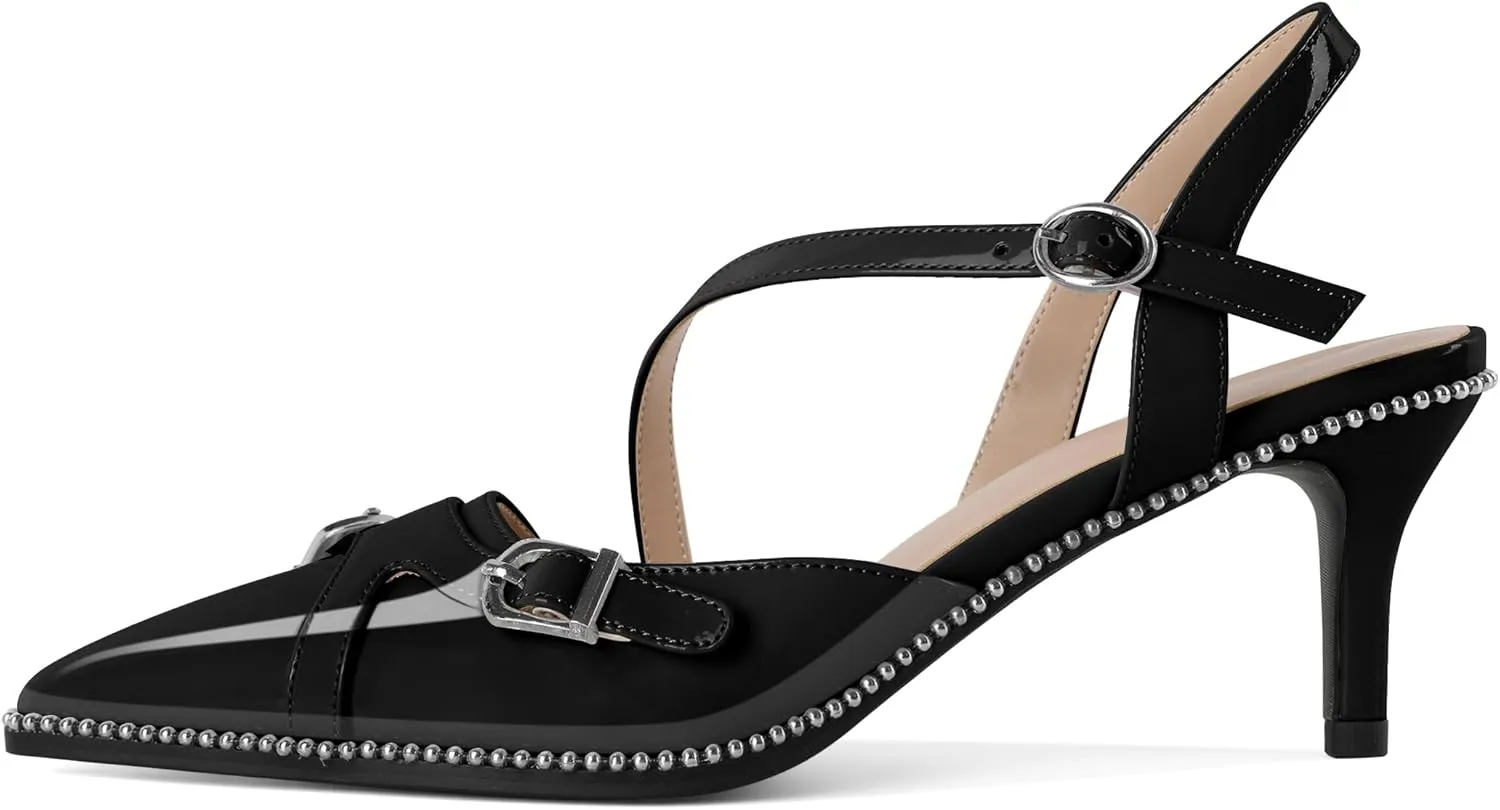 AUMOTED Women's Pointed Toe Sandals Slingback Kitten Heel Pumps Ankle Buckle 2.5 Inch Comfortable Dress Shoes