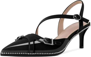 AUMOTED Women's Pointed Toe Sandals Slingback Kitten Heel Pumps Ankle Buckle 2.5 Inch Comfortable Dress Shoes