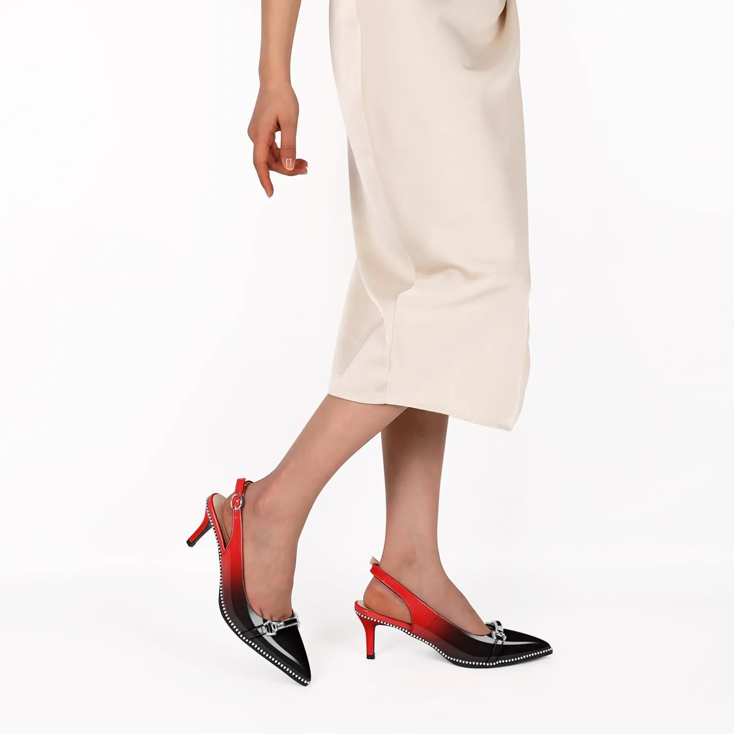 AUMOTED Women's Slingback Heels Beaded Kitten Pumps Pointed Toe Low Heels Comfortable 2.5 Inch Dress Sandals