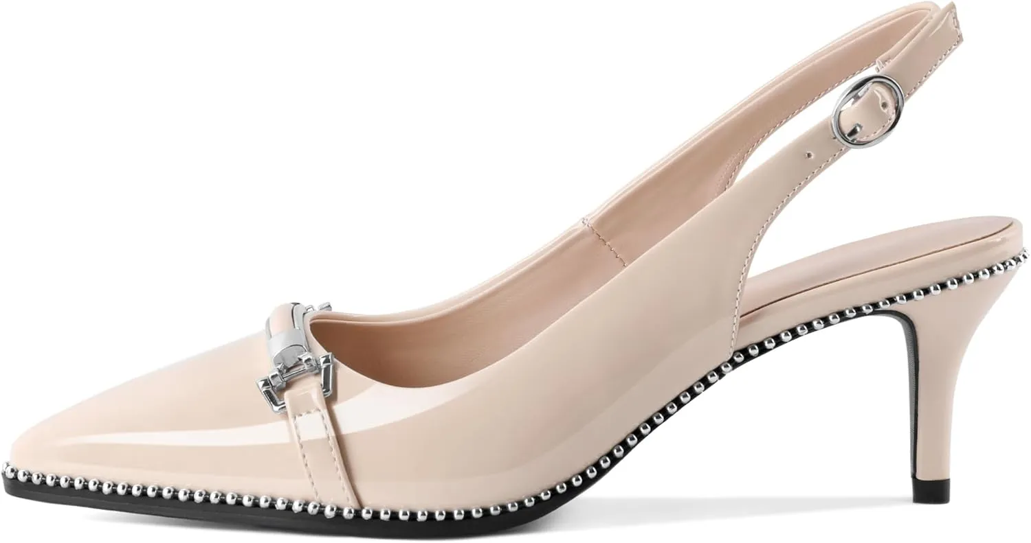 AUMOTED Women's Slingback Heels Beaded Kitten Pumps Pointed Toe Low Heels Comfortable 2.5 Inch Dress Sandals