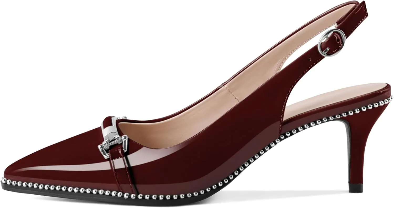 AUMOTED Women's Slingback Heels Beaded Kitten Pumps Pointed Toe Low Heels Comfortable 2.5 Inch Dress Sandals