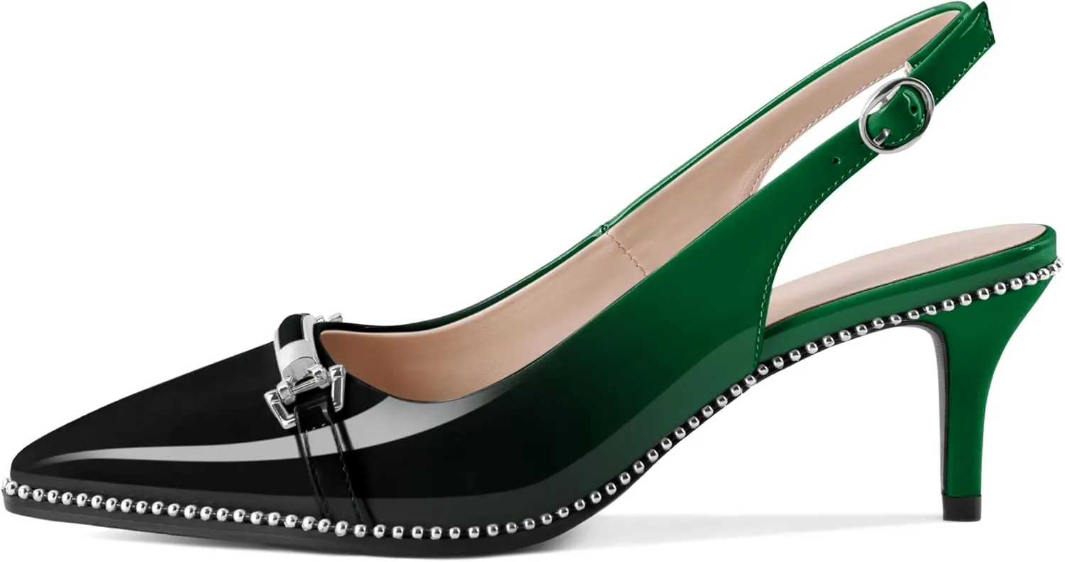 AUMOTED Women's Slingback Heels Beaded Kitten Pumps Pointed Toe Low Heels Comfortable 2.5 Inch Dress Sandals