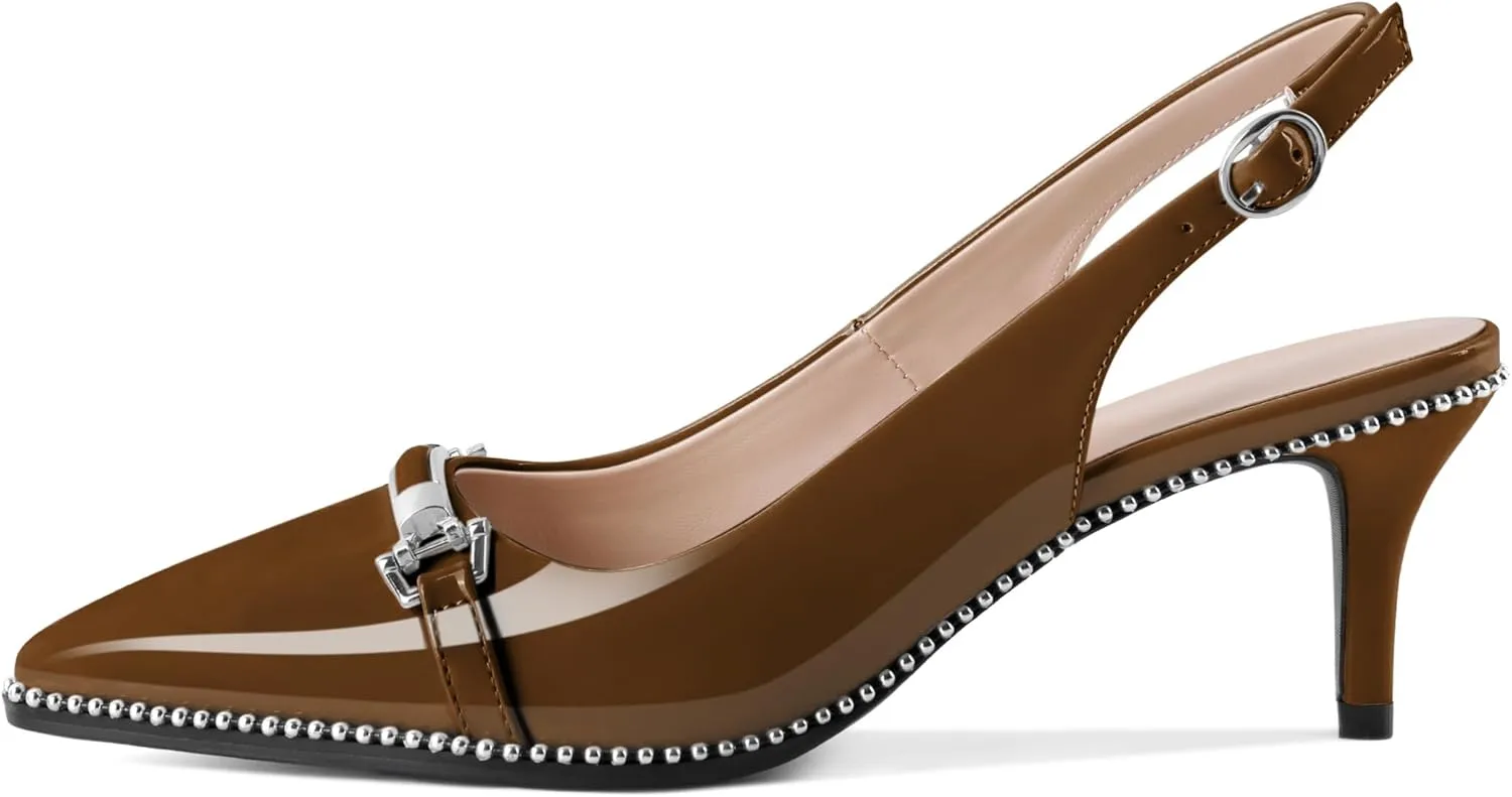 AUMOTED Women's Slingback Heels Beaded Kitten Pumps Pointed Toe Low Heels Comfortable 2.5 Inch Dress Sandals