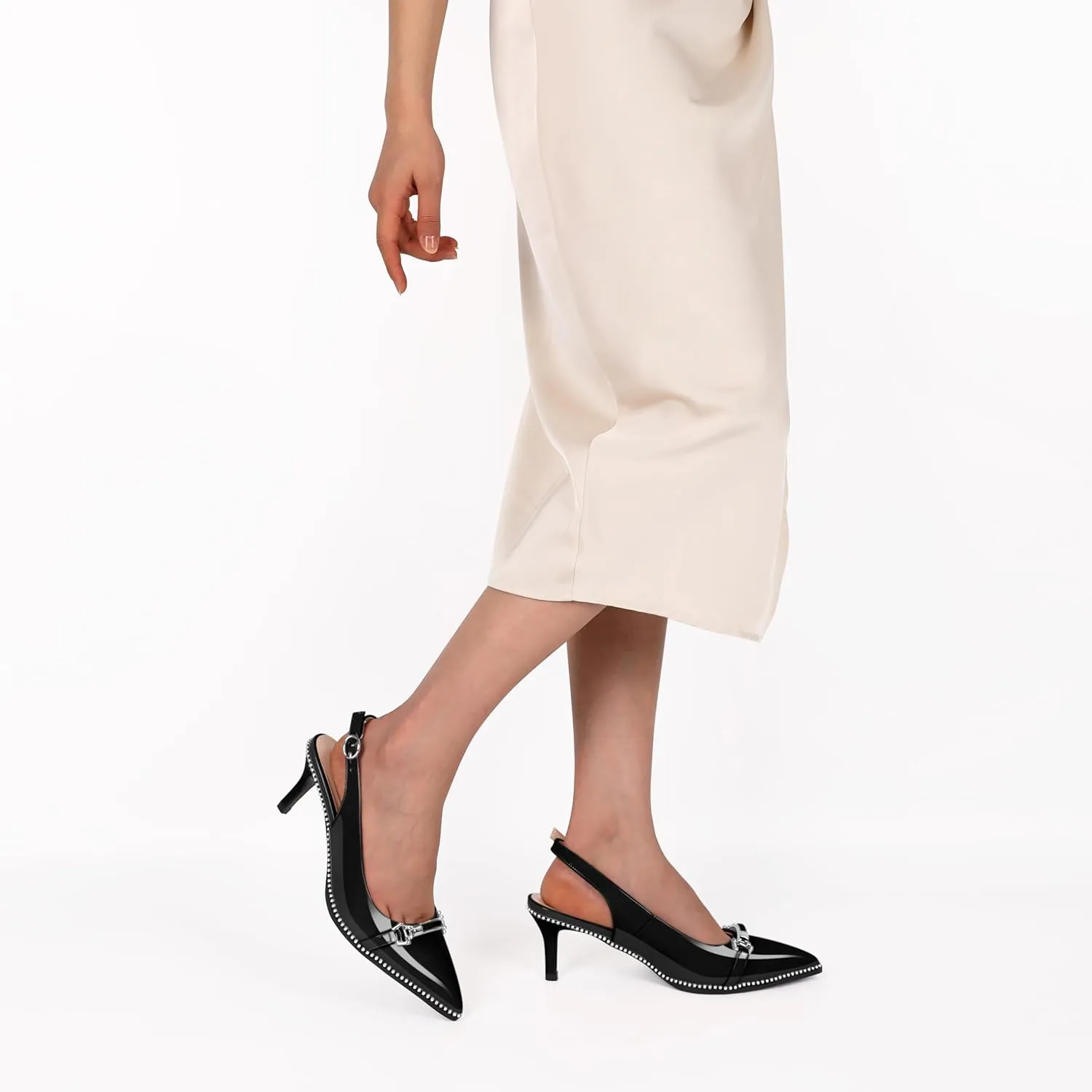 AUMOTED Women's Slingback Heels Beaded Kitten Pumps Pointed Toe Low Heels Comfortable 2.5 Inch Dress Sandals