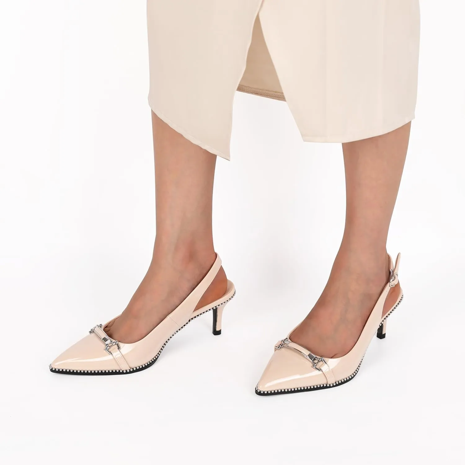 AUMOTED Women's Slingback Heels Beaded Kitten Pumps Pointed Toe Low Heels Comfortable 2.5 Inch Dress Sandals