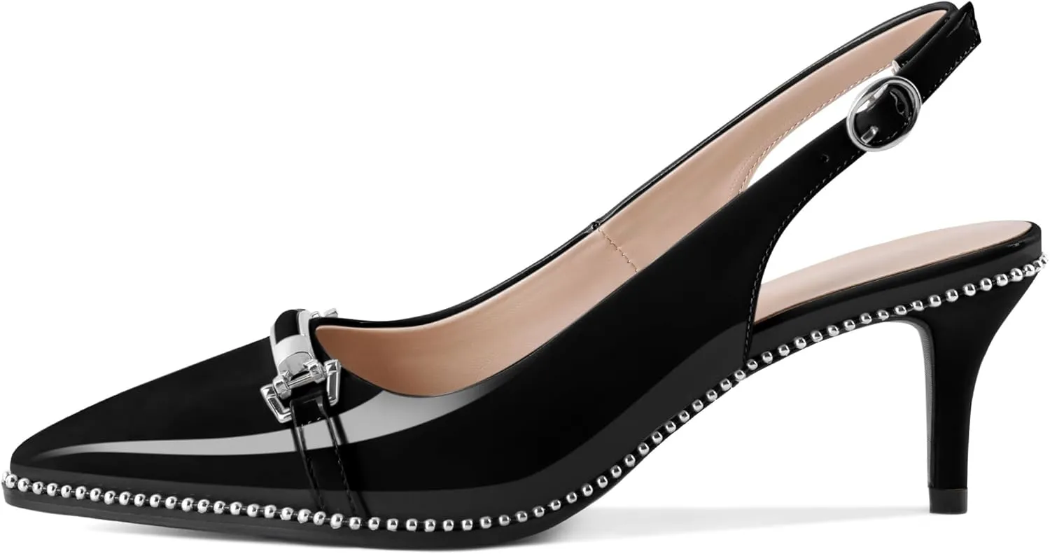 AUMOTED Women's Slingback Heels Beaded Kitten Pumps Pointed Toe Low Heels Comfortable 2.5 Inch Dress Sandals