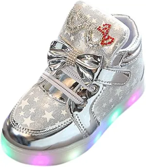 Baby Girls Glitter Bow Sneaker Toddler Light Up Soft Sole Sport Shoes Outdoor Indoor Fashion First Walking Non Slip