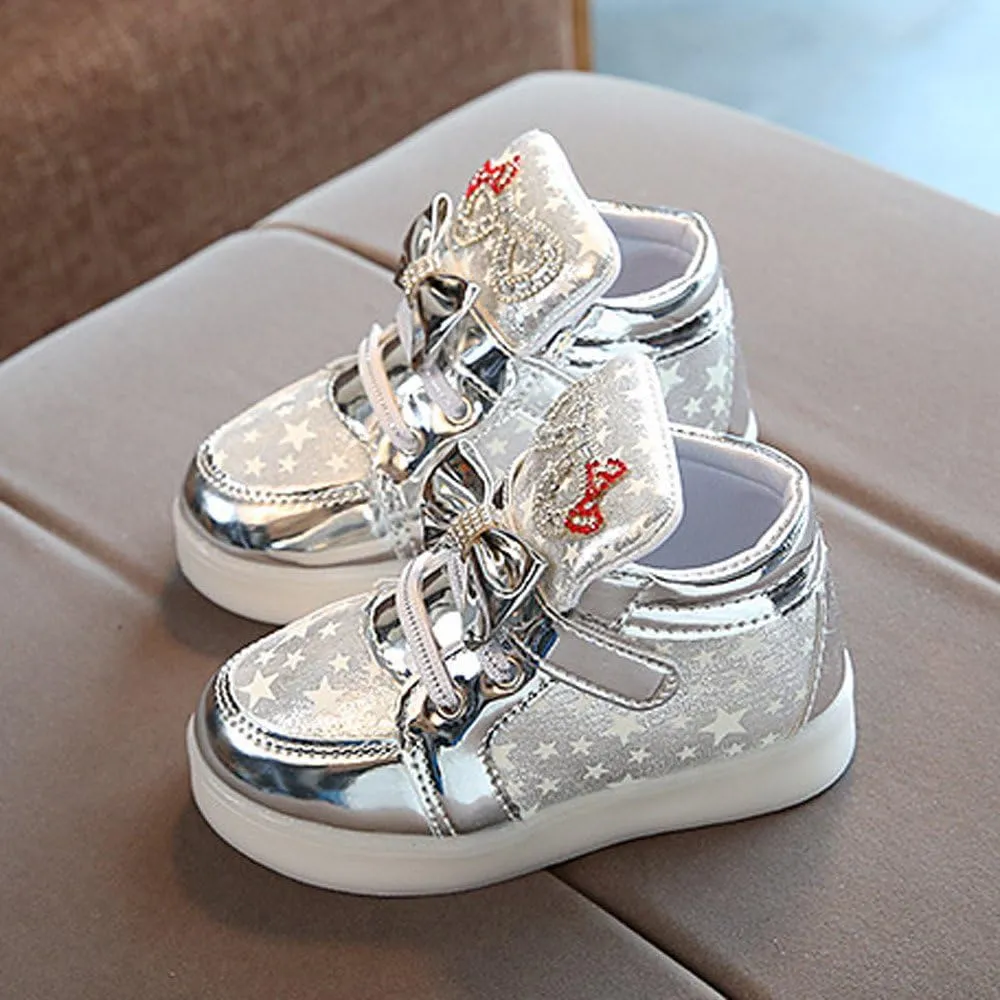 Baby Girls Glitter Bow Sneaker Toddler Light Up Soft Sole Sport Shoes Outdoor Indoor Fashion First Walking Non Slip