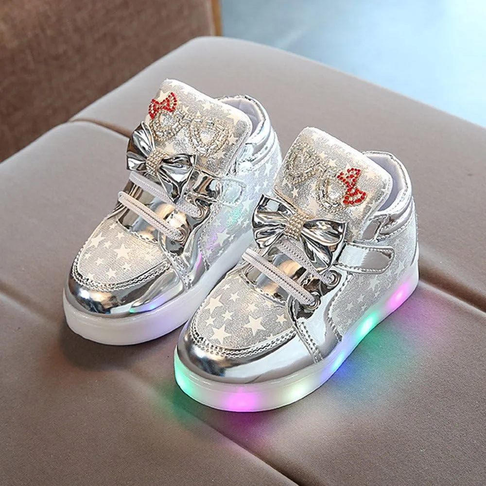 Baby Girls Glitter Bow Sneaker Toddler Light Up Soft Sole Sport Shoes Outdoor Indoor Fashion First Walking Non Slip