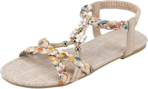 Boho Wedge Sandals for Women Dressy Slip on Comfortable Summer Sandals Ankle Strap Elastic Shoes Vacation Beach Shoes Orthopedic Walking Open Toe Sandal