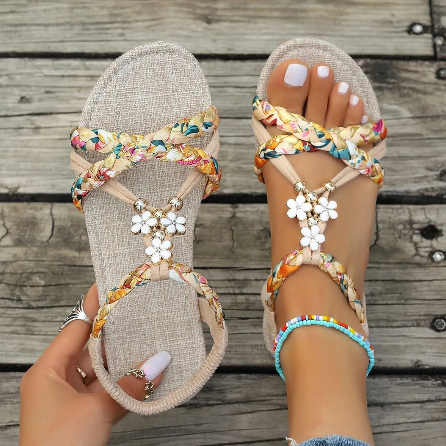 Boho Wedge Sandals for Women Dressy Slip on Comfortable Summer Sandals Ankle Strap Elastic Shoes Vacation Beach Shoes Orthopedic Walking Open Toe Sandal