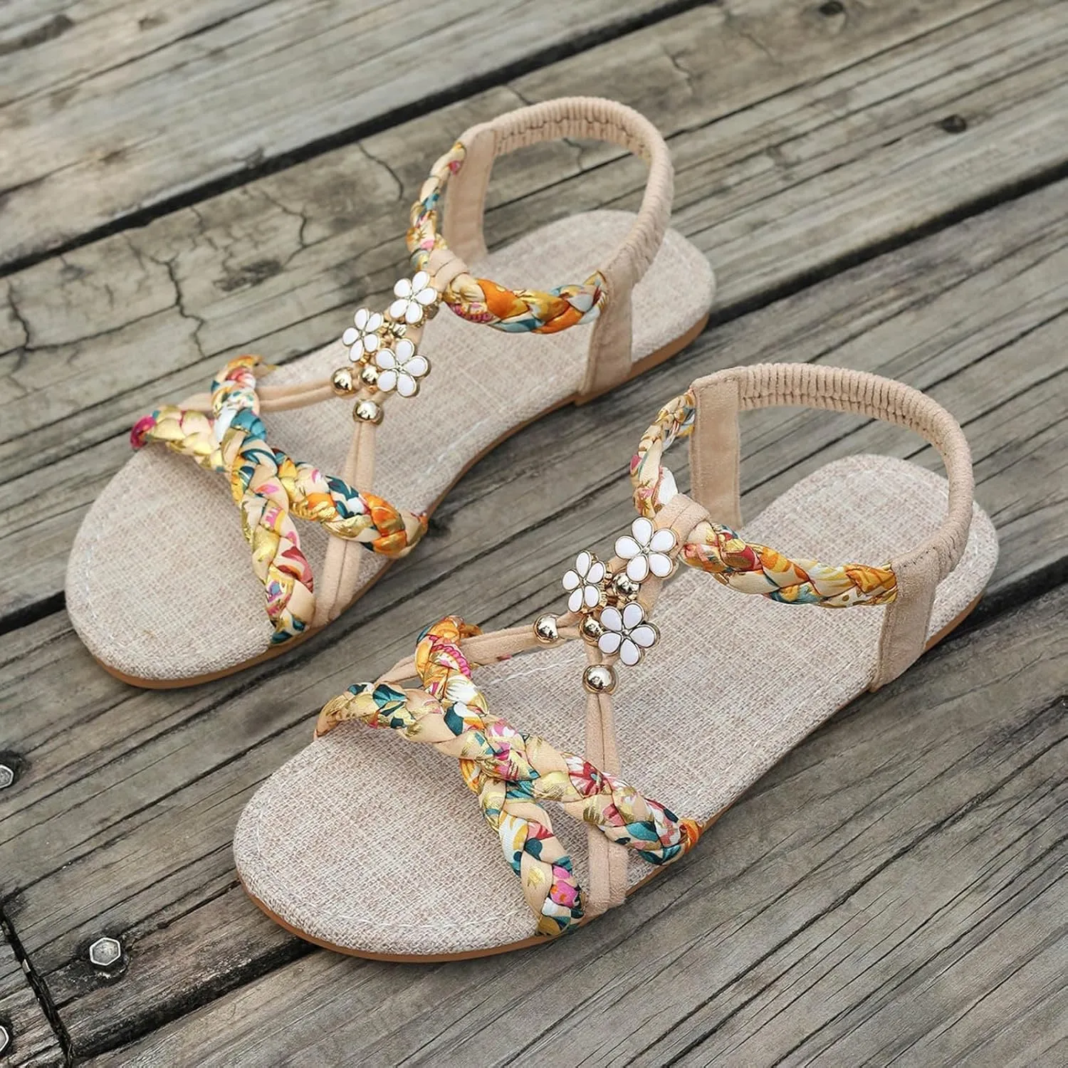 Boho Wedge Sandals for Women Dressy Slip on Comfortable Summer Sandals Ankle Strap Elastic Shoes Vacation Beach Shoes Orthopedic Walking Open Toe Sandal