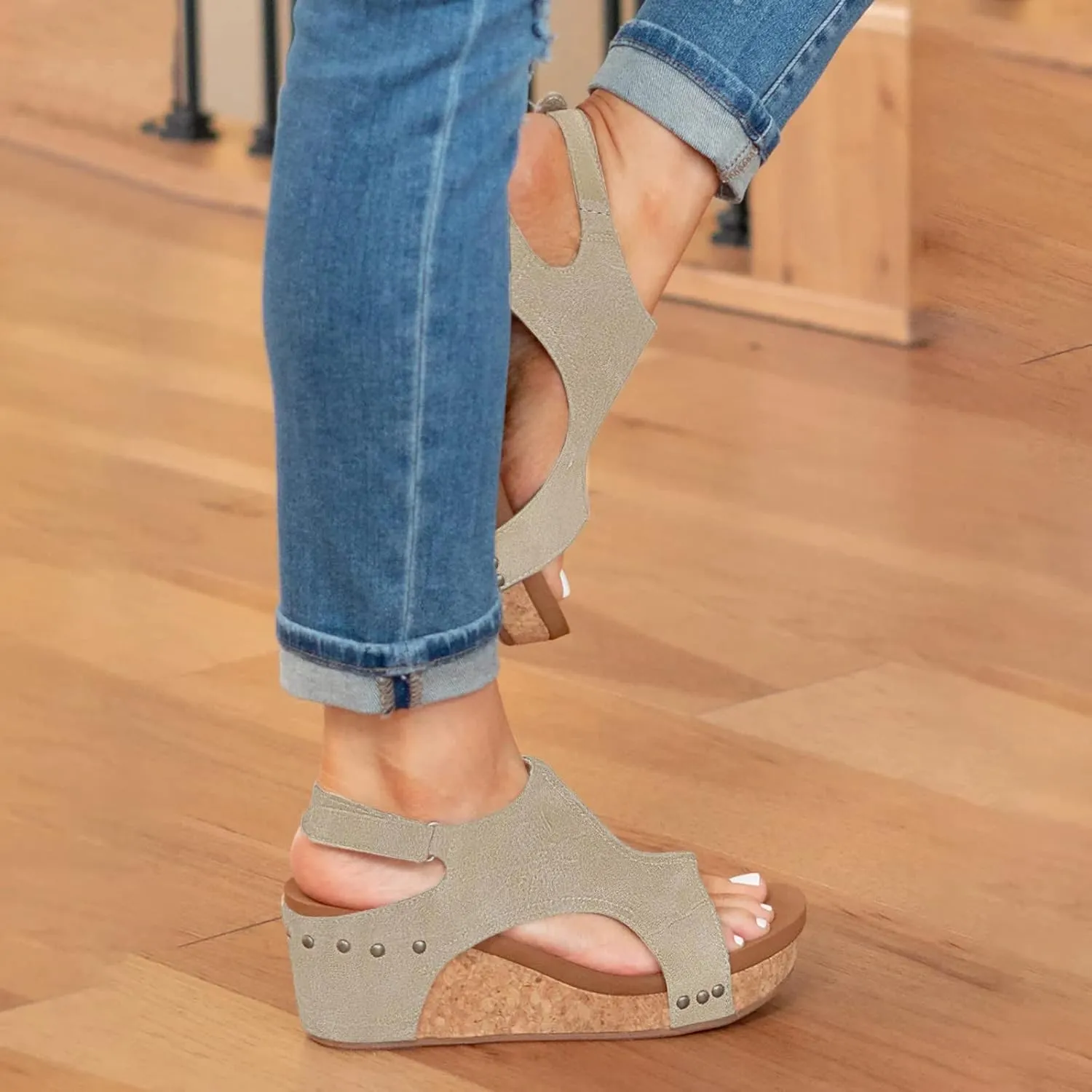 Cathalem Summer Sandals for Women 2024,Summer Platform Cork Wedges Espadrille Heel Strappy Leather Arch Support Sandals