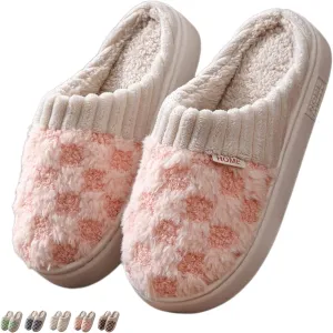 Checkered Slippers for Women Indoor Slides Non Slip House Slippers for Women Men Couple Plush Warm Home Slippers Fuzzy Slippers Bedroom Shoes Slip On Slippers