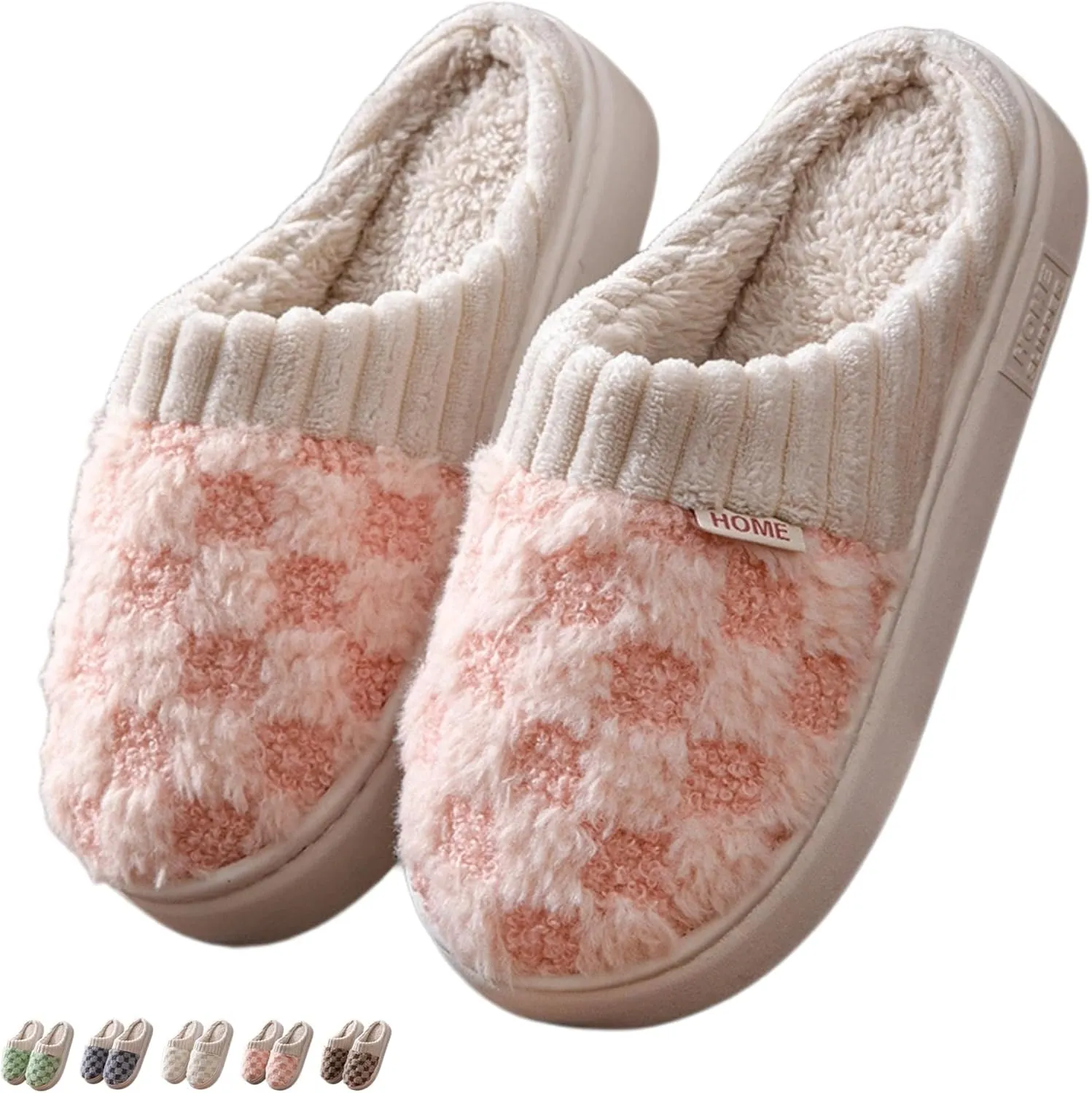 Checkered Slippers for Women Indoor Slides Non Slip House Slippers for Women Men Couple Plush Warm Home Slippers Fuzzy Slippers Bedroom Shoes Slip On Slippers