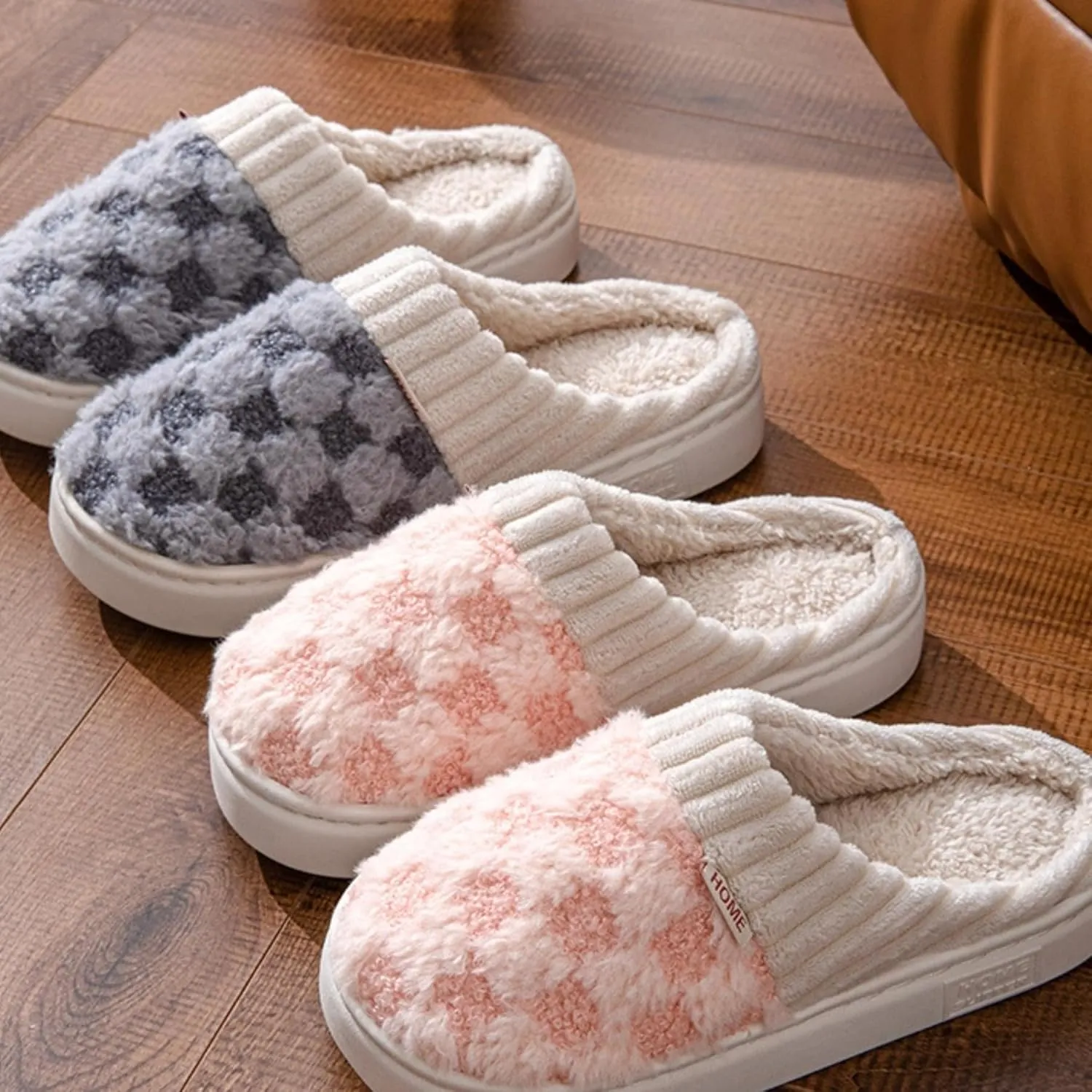 Checkered Slippers for Women Indoor Slides Non Slip House Slippers for Women Men Couple Plush Warm Home Slippers Fuzzy Slippers Bedroom Shoes Slip On Slippers