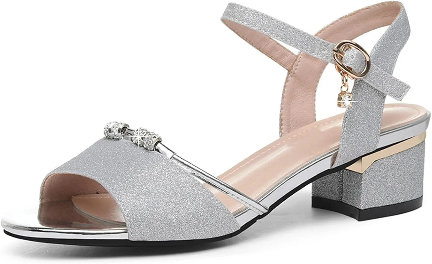 Chunky Heel Sandals for Women Open Toe Ankle Strap Low Block Slingback Slip On Sparkle Sandals Party Dress Pumps Shoes