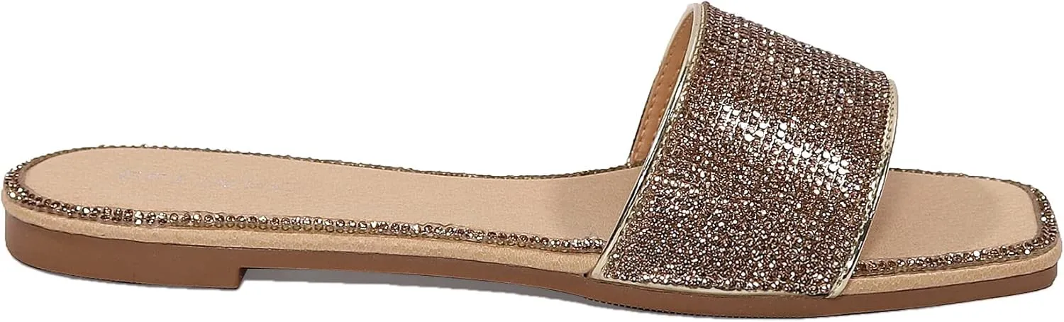 EETTARO Women's Glitter Shiny Slide Sandals Sparkle Fancy Flat Slippers Slip-on Jeweled Shoes