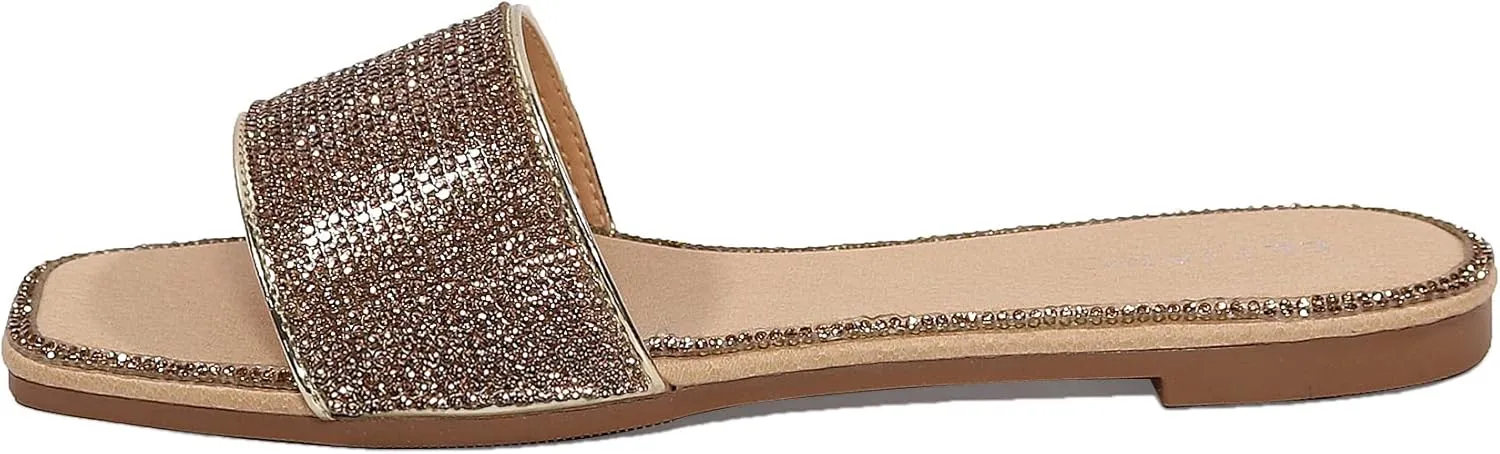 EETTARO Women's Glitter Shiny Slide Sandals Sparkle Fancy Flat Slippers Slip-on Jeweled Shoes