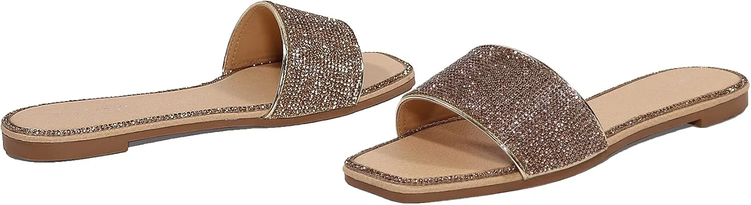 EETTARO Women's Glitter Shiny Slide Sandals Sparkle Fancy Flat Slippers Slip-on Jeweled Shoes