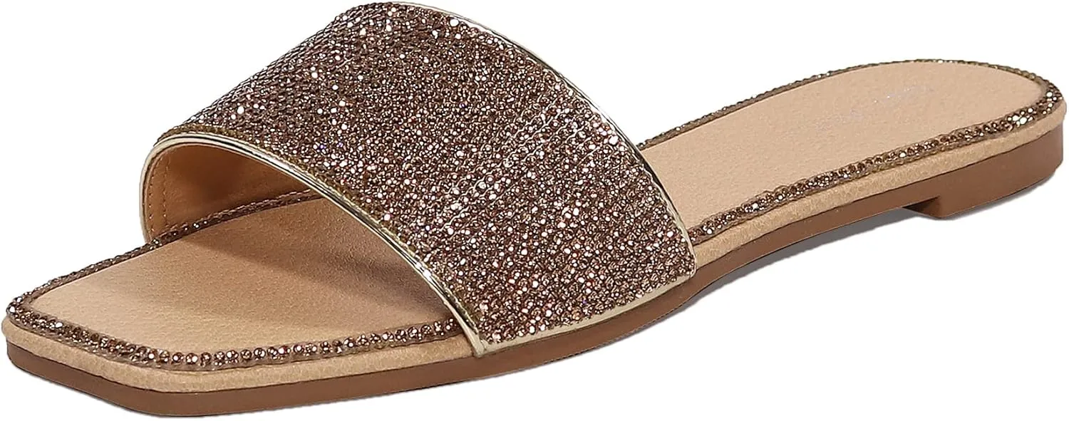 EETTARO Women's Glitter Shiny Slide Sandals Sparkle Fancy Flat Slippers Slip-on Jeweled Shoes