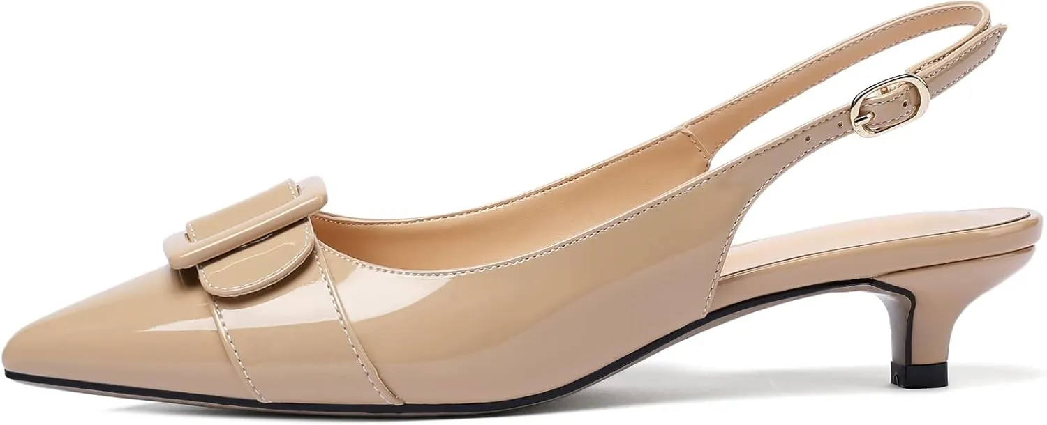 Eldof Kitten Heel Pumps for Women, Pointed Toe Slingback Low Heels, Classic Bow Heels Dress Shoes for Office Wedding Work Evening 1.4 Inches