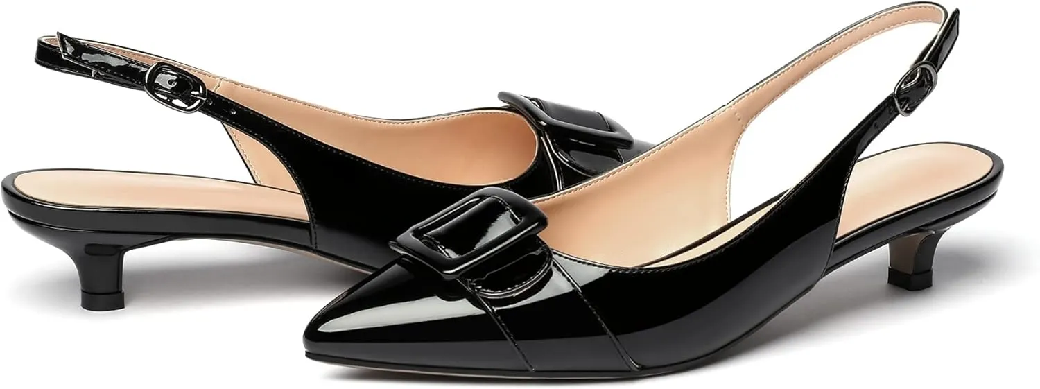 Eldof Kitten Heel Pumps for Women, Pointed Toe Slingback Low Heels, Classic Bow Heels Dress Shoes for Office Wedding Work Evening 1.4 Inches