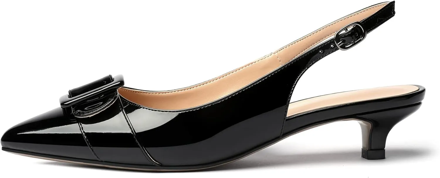 Eldof Kitten Heel Pumps for Women, Pointed Toe Slingback Low Heels, Classic Bow Heels Dress Shoes for Office Wedding Work Evening 1.4 Inches