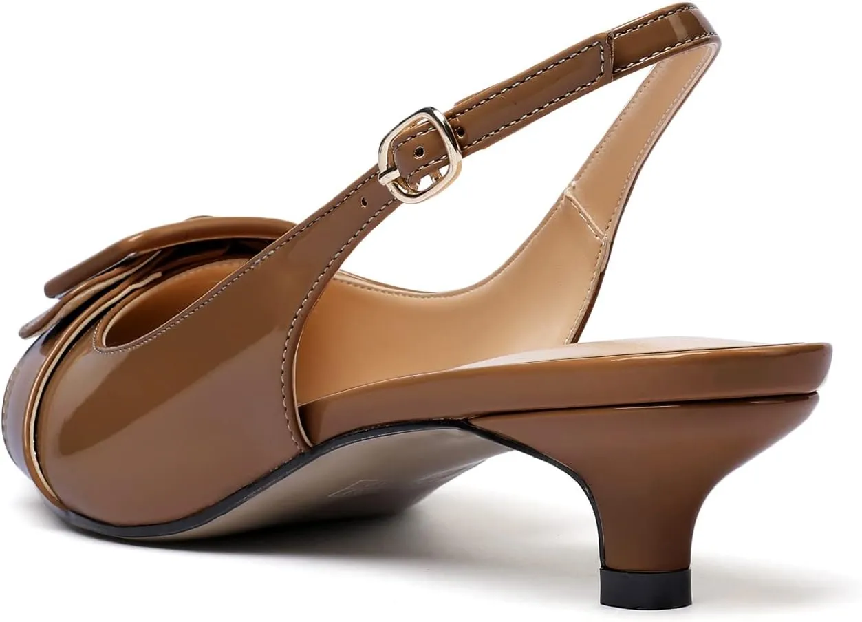 Eldof Kitten Heel Pumps for Women, Pointed Toe Slingback Low Heels, Classic Bow Heels Dress Shoes for Office Wedding Work Evening 1.4 Inches