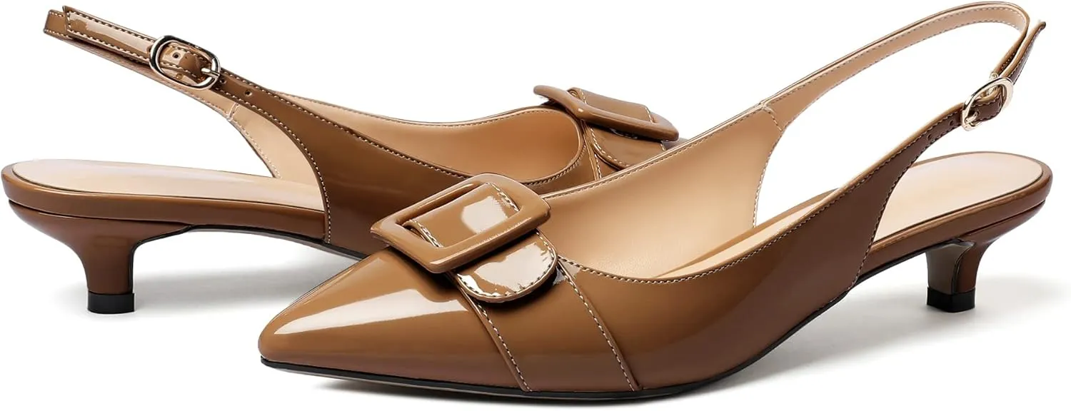 Eldof Kitten Heel Pumps for Women, Pointed Toe Slingback Low Heels, Classic Bow Heels Dress Shoes for Office Wedding Work Evening 1.4 Inches