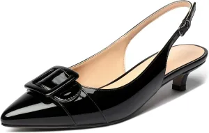 Eldof Kitten Heel Pumps for Women, Pointed Toe Slingback Low Heels, Classic Bow Heels Dress Shoes for Office Wedding Work Evening 1.4 Inches