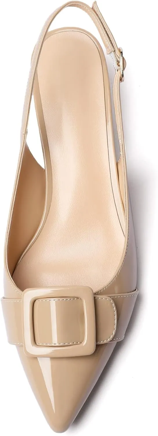 Eldof Kitten Heel Pumps for Women, Pointed Toe Slingback Low Heels, Classic Bow Heels Dress Shoes for Office Wedding Work Evening 1.4 Inches