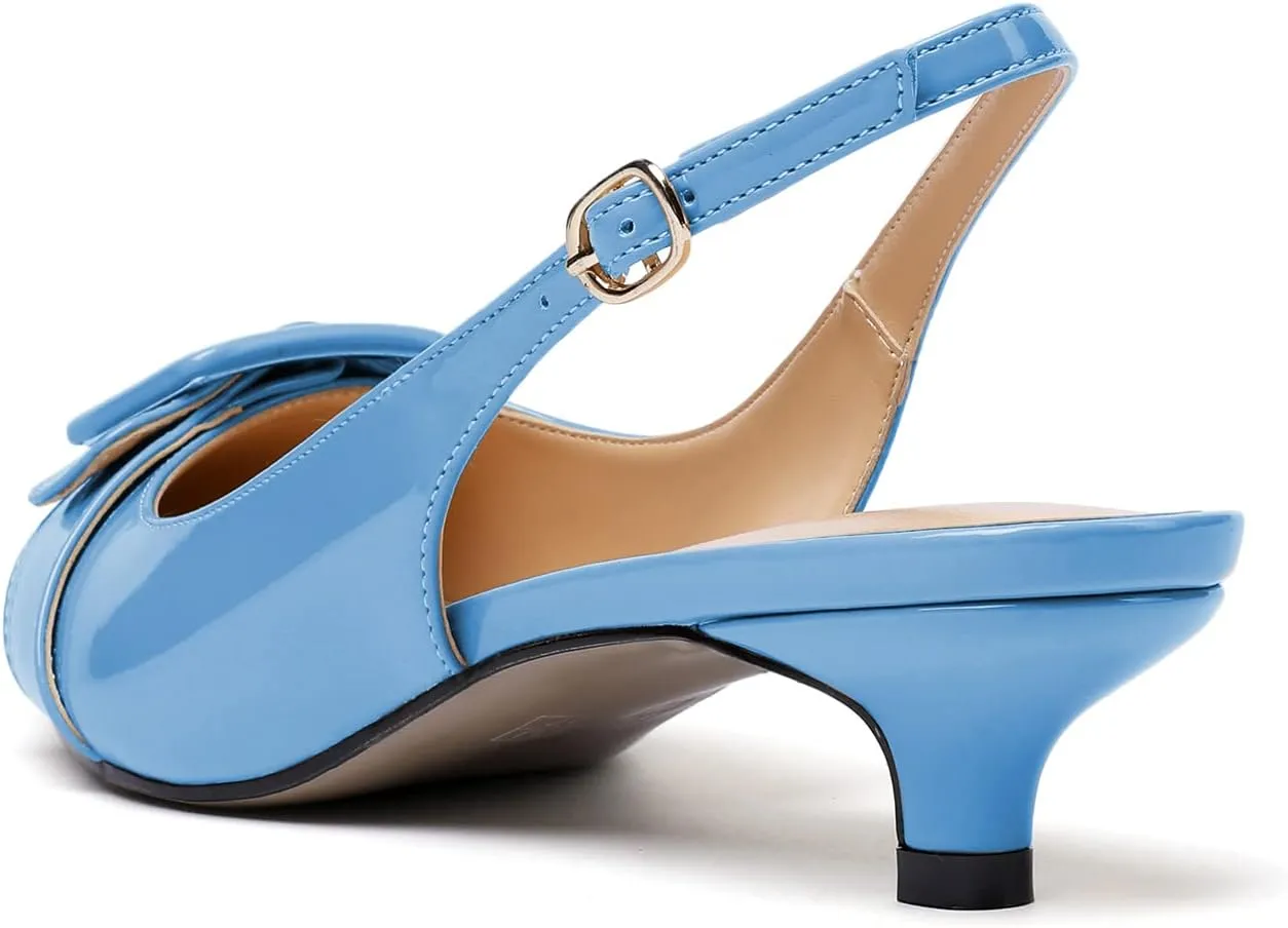 Eldof Kitten Heel Pumps for Women, Pointed Toe Slingback Low Heels, Classic Bow Heels Dress Shoes for Office Wedding Work Evening 1.4 Inches