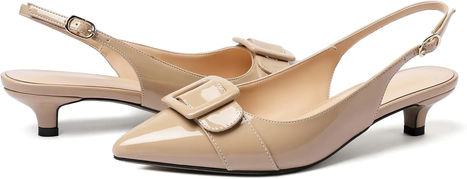 Eldof Kitten Heel Pumps for Women, Pointed Toe Slingback Low Heels, Classic Bow Heels Dress Shoes for Office Wedding Work Evening 1.4 Inches