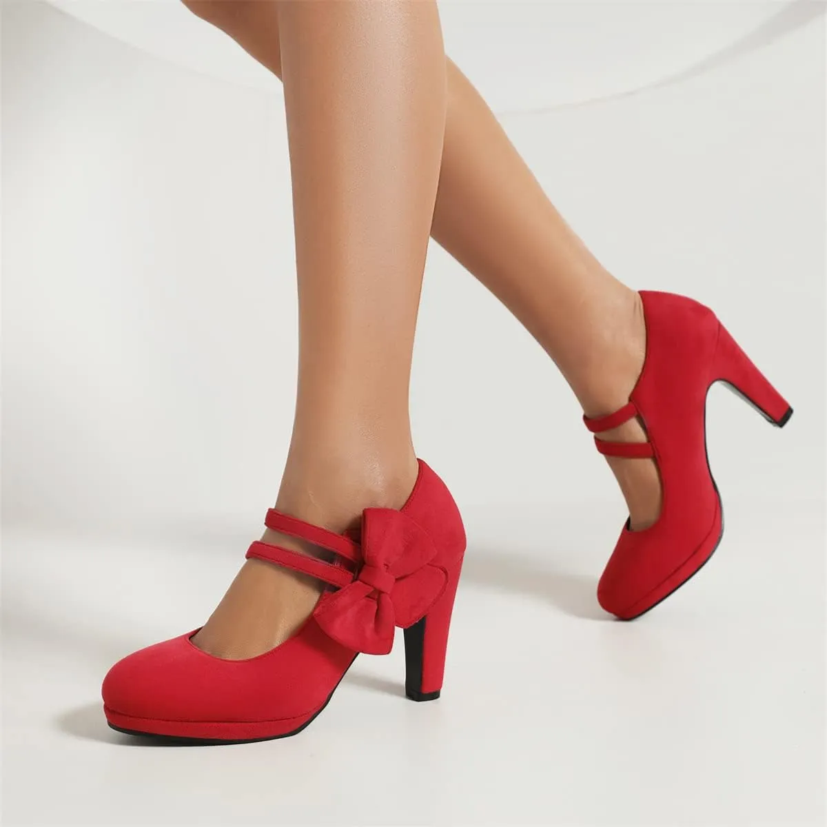 Elerhythm Women's Mary Jane Heels with Bow Retro Closed Round Toe Pumps Suede Chic Bowtie Vintage Gatsby Sweet Office Dress Daily Shoes