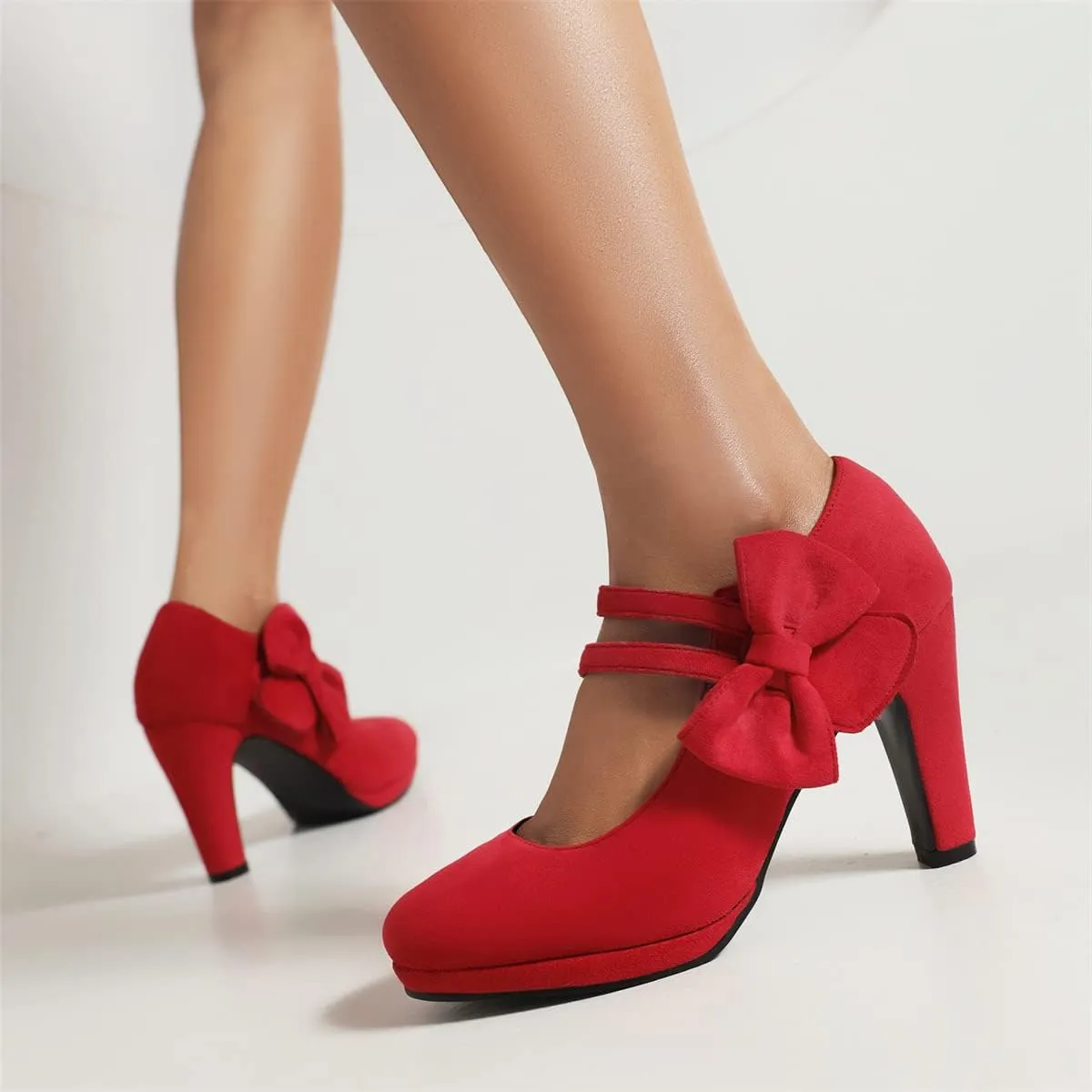 Elerhythm Women's Mary Jane Heels with Bow Retro Closed Round Toe Pumps Suede Chic Bowtie Vintage Gatsby Sweet Office Dress Daily Shoes