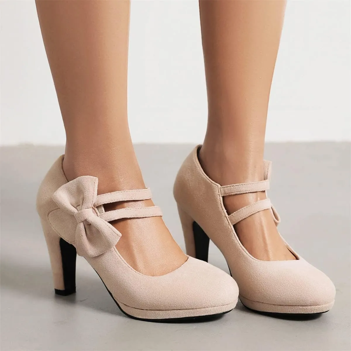 Elerhythm Women's Mary Jane Heels with Bow Retro Closed Round Toe Pumps Suede Chic Bowtie Vintage Gatsby Sweet Office Dress Daily Shoes
