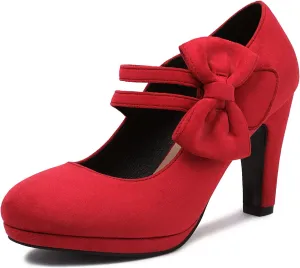 Elerhythm Women's Mary Jane Heels with Bow Retro Closed Round Toe Pumps Suede Chic Bowtie Vintage Gatsby Sweet Office Dress Daily Shoes