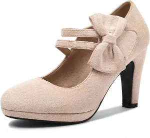 Elerhythm Women's Mary Jane Heels with Bow Retro Closed Round Toe Pumps Suede Chic Bowtie Vintage Gatsby Sweet Office Dress Daily Shoes