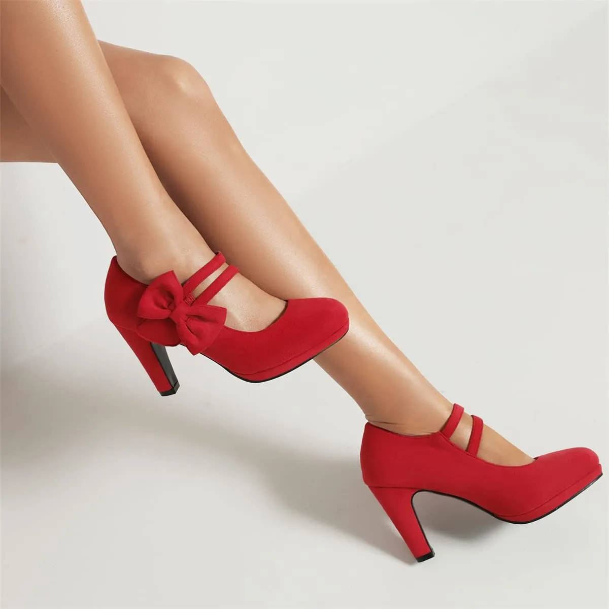Elerhythm Women's Mary Jane Heels with Bow Retro Closed Round Toe Pumps Suede Chic Bowtie Vintage Gatsby Sweet Office Dress Daily Shoes