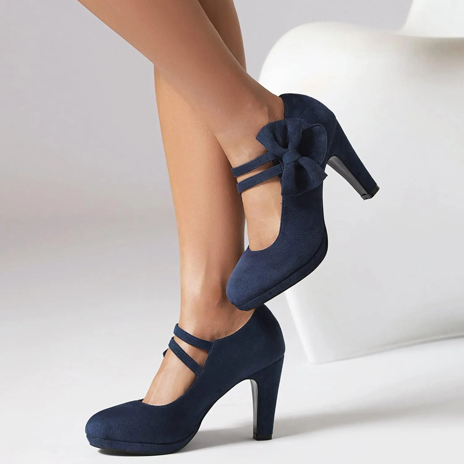 Elerhythm Women's Mary Jane Heels with Bow Retro Closed Round Toe Pumps Suede Chic Bowtie Vintage Gatsby Sweet Office Dress Daily Shoes