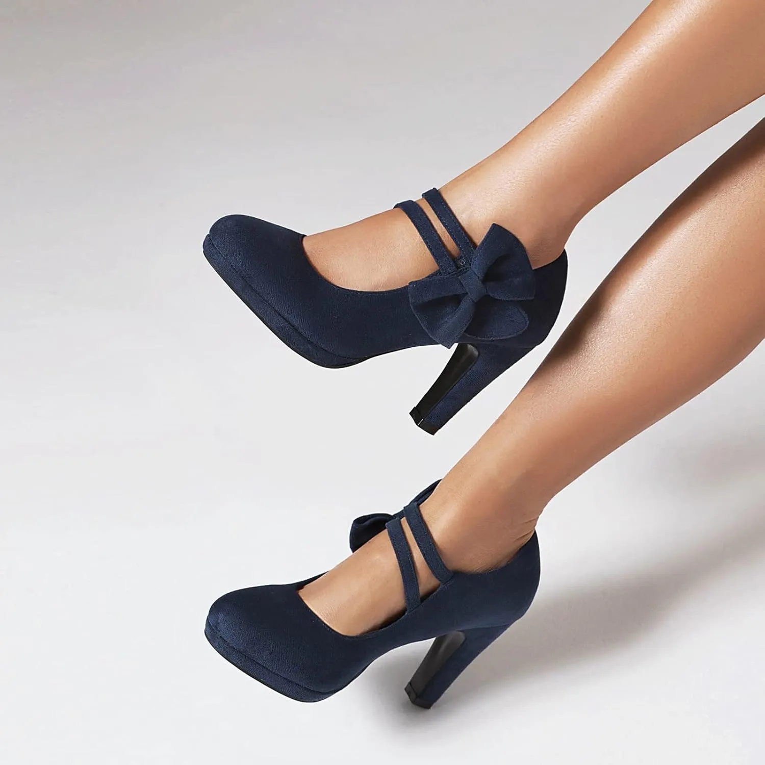 Elerhythm Women's Mary Jane Heels with Bow Retro Closed Round Toe Pumps Suede Chic Bowtie Vintage Gatsby Sweet Office Dress Daily Shoes