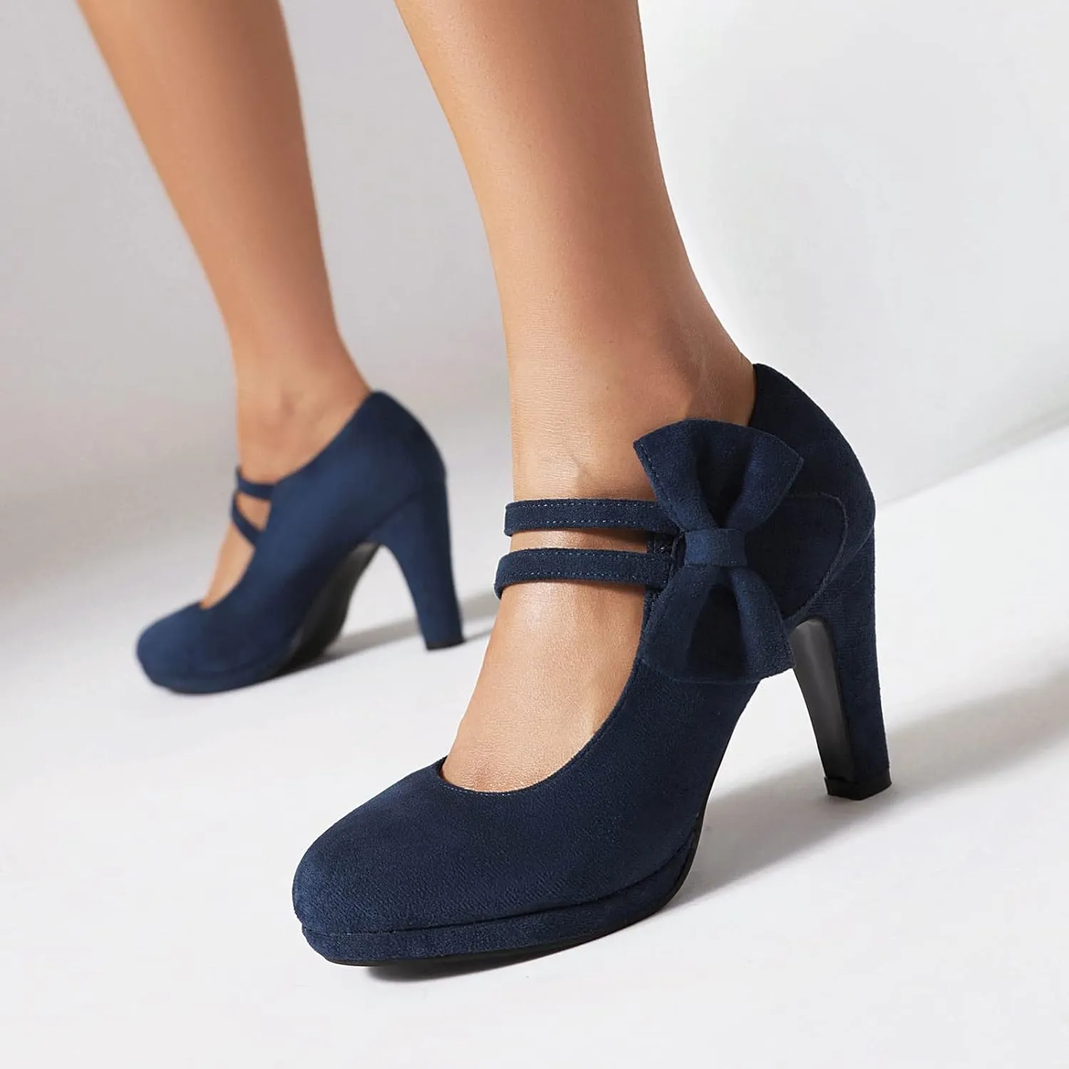 Elerhythm Women's Mary Jane Heels with Bow Retro Closed Round Toe Pumps Suede Chic Bowtie Vintage Gatsby Sweet Office Dress Daily Shoes