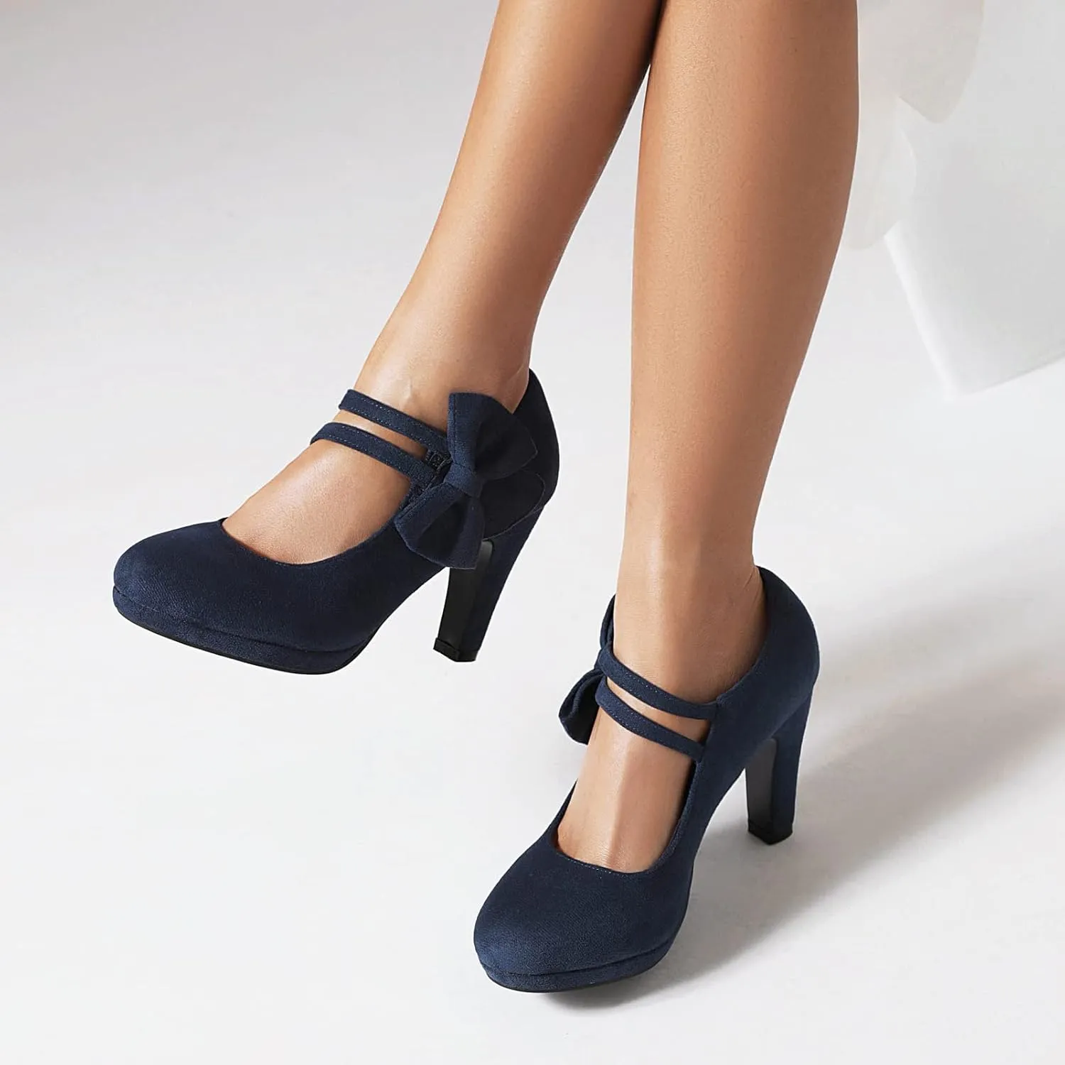Elerhythm Women's Mary Jane Heels with Bow Retro Closed Round Toe Pumps Suede Chic Bowtie Vintage Gatsby Sweet Office Dress Daily Shoes