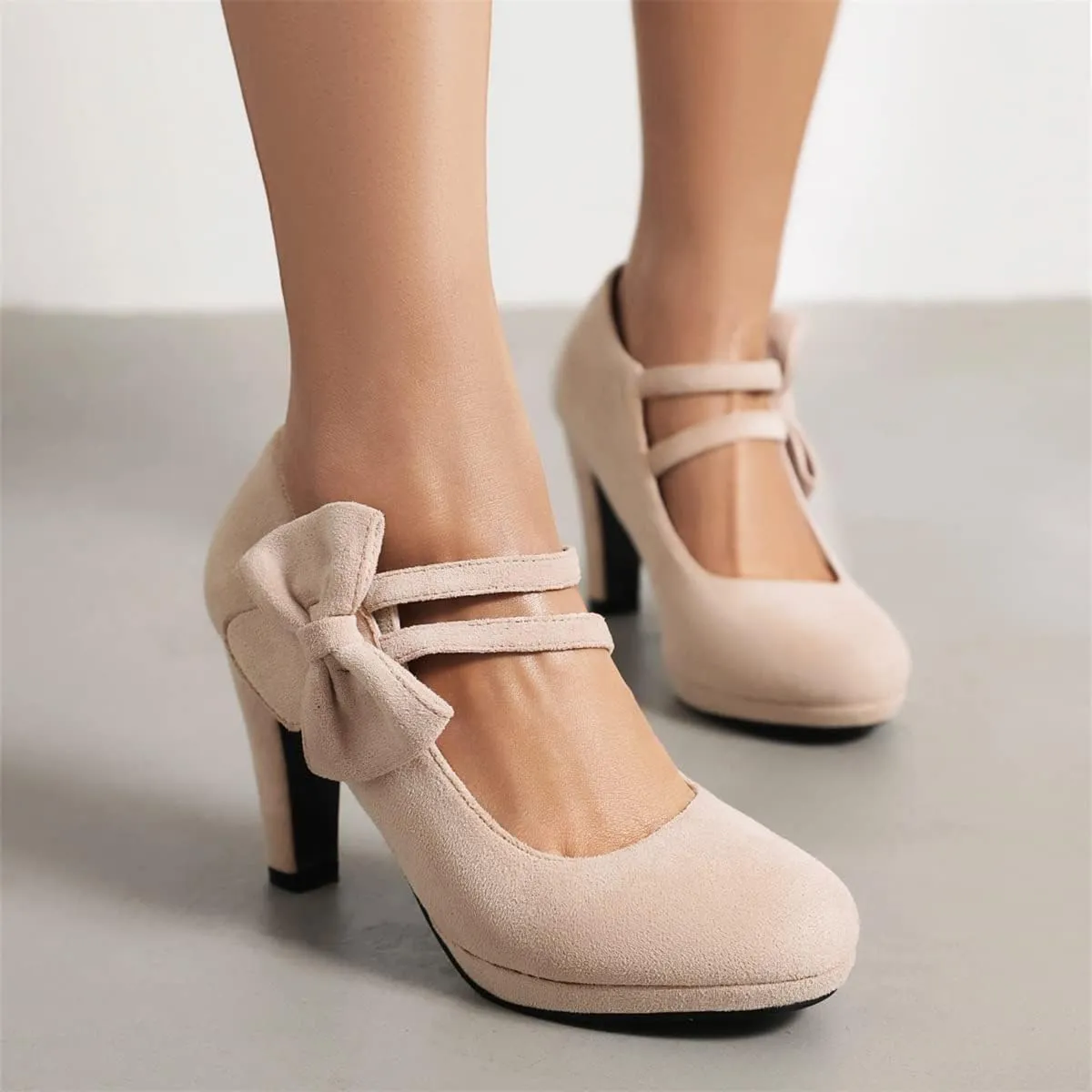 Elerhythm Women's Mary Jane Heels with Bow Retro Closed Round Toe Pumps Suede Chic Bowtie Vintage Gatsby Sweet Office Dress Daily Shoes