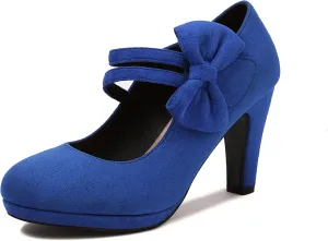 Elerhythm Women's Mary Jane Heels with Bow Retro Closed Round Toe Pumps Suede Chic Bowtie Vintage Gatsby Sweet Office Dress Daily Shoes