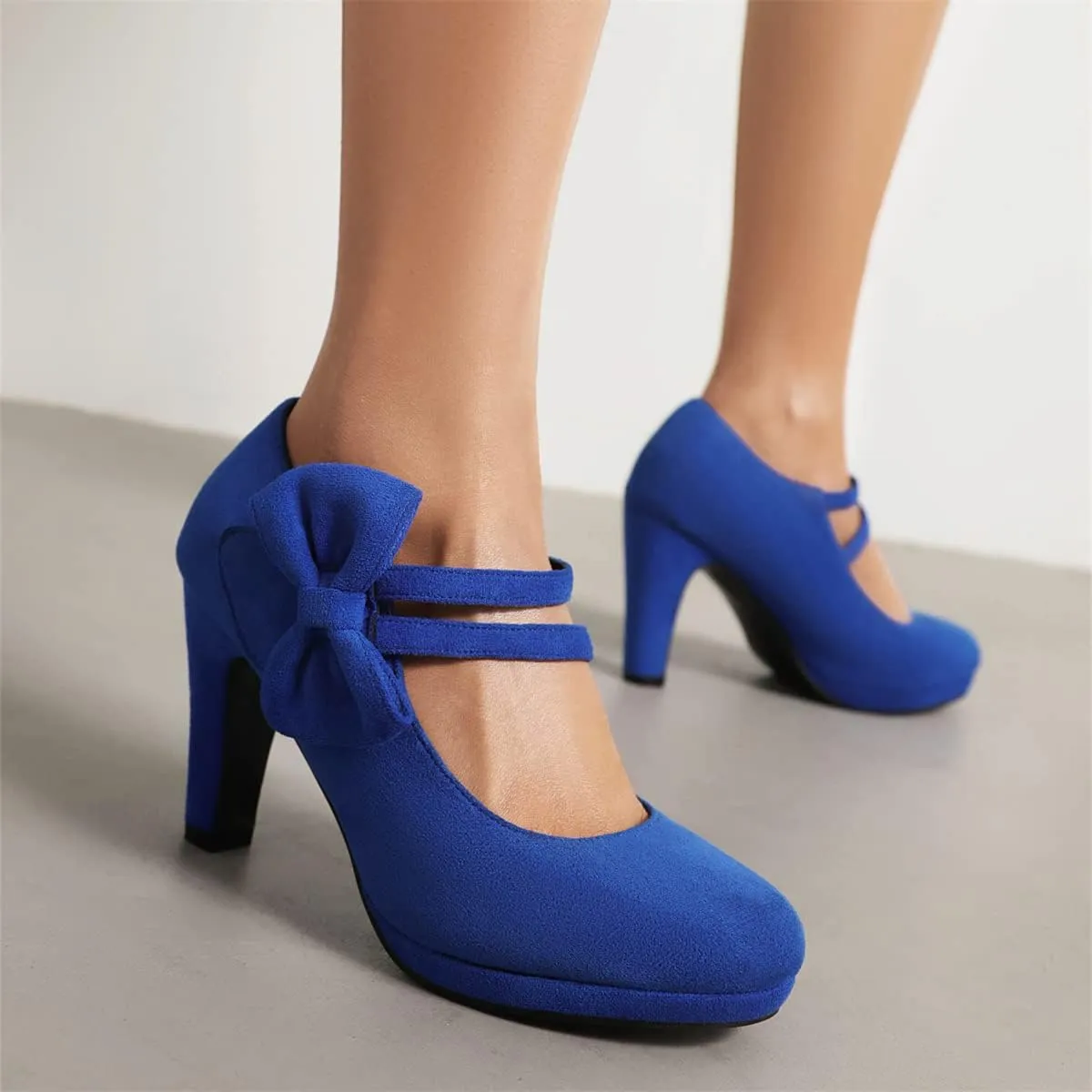 Elerhythm Women's Mary Jane Heels with Bow Retro Closed Round Toe Pumps Suede Chic Bowtie Vintage Gatsby Sweet Office Dress Daily Shoes