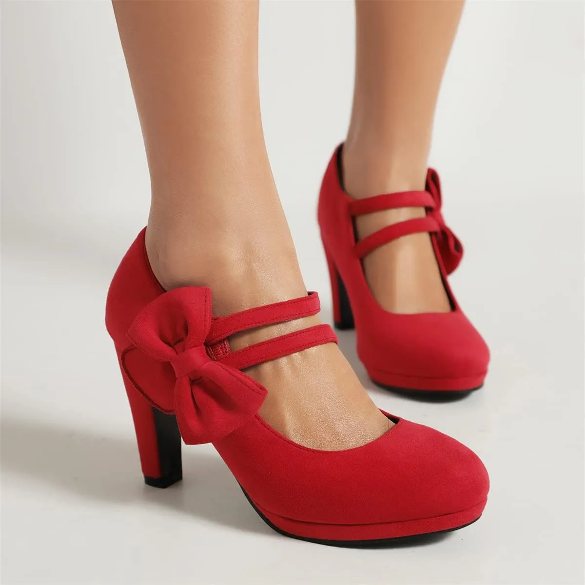 Elerhythm Women's Mary Jane Heels with Bow Retro Closed Round Toe Pumps Suede Chic Bowtie Vintage Gatsby Sweet Office Dress Daily Shoes