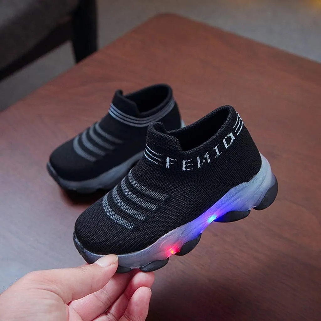Fashion Trainers LED Breathable Stretch Fabric Sneakers for 1-6 Years Kids Toddler Baby Girls Boys Light Up Crib Shoes