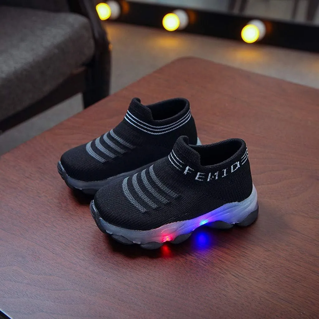 Fashion Trainers LED Breathable Stretch Fabric Sneakers for 1-6 Years Kids Toddler Baby Girls Boys Light Up Crib Shoes